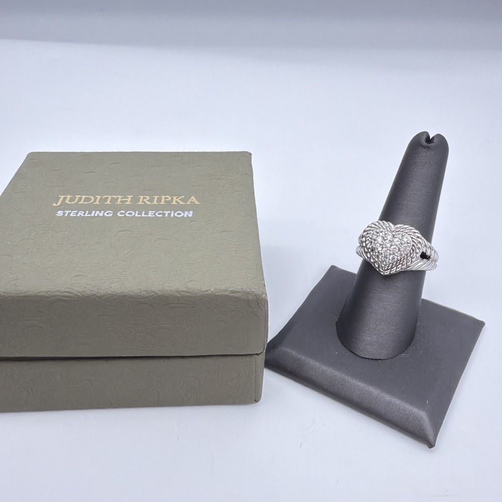 Vtg Judith Ripka Sterling Silver Heart CZ Ring Size 8 Twisted Rope box